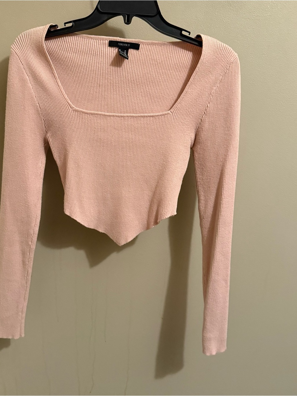 Forever 21 Pink Ribbed Square-Neck Long Sleeve Crop Top